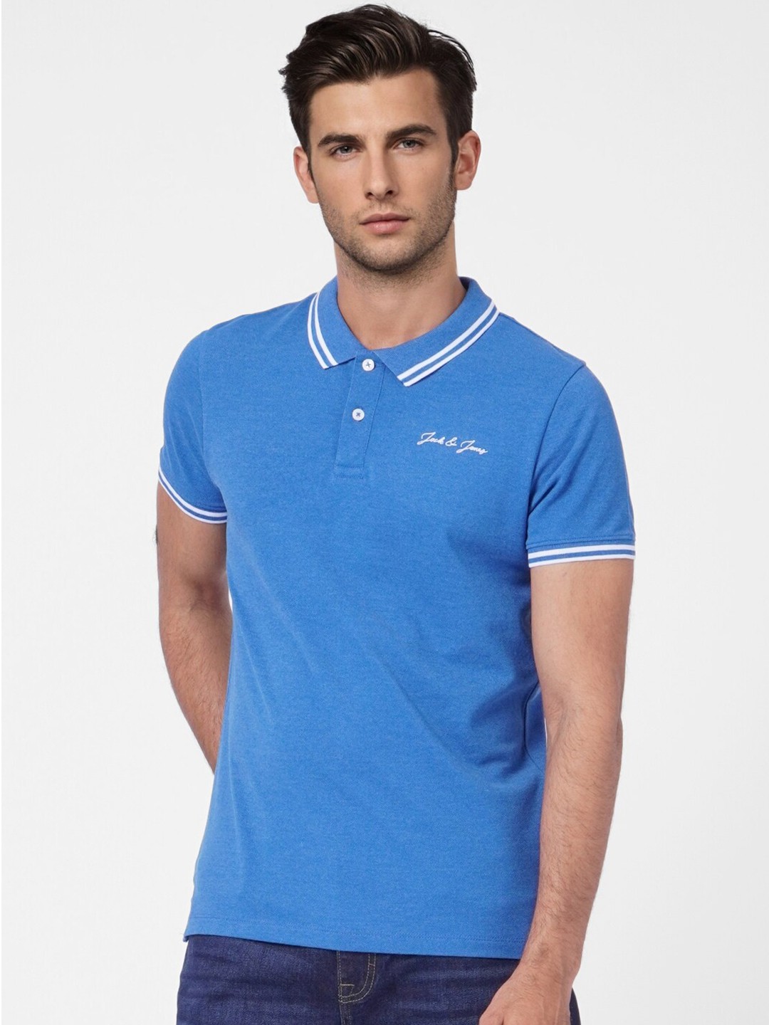

Jack & Jones Men Blue Polo Collar Cotton Slim Fit T-shirt