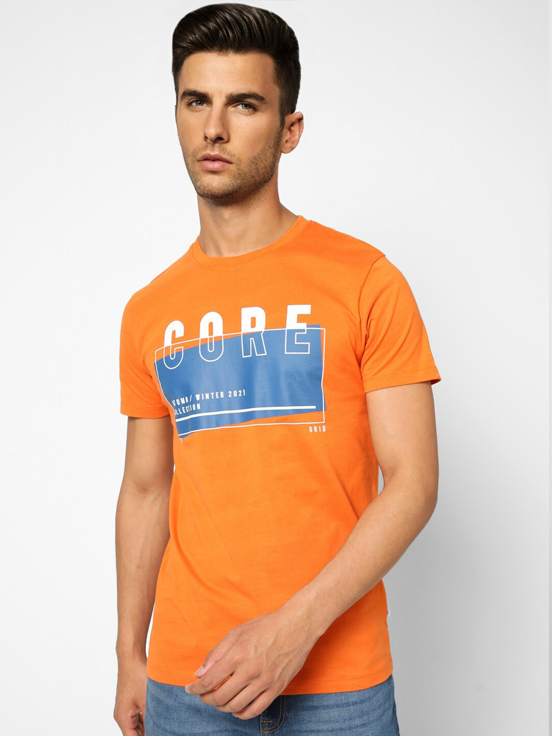 

Jack & Jones Men Orange Printed Cotton Slim Fit T-shirt