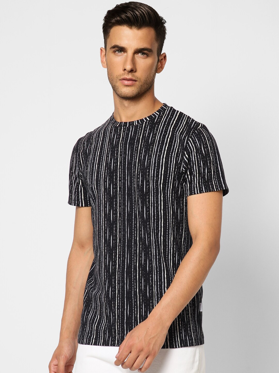 

Jack & Jones Men Black & White Striped Cotton T-shirt
