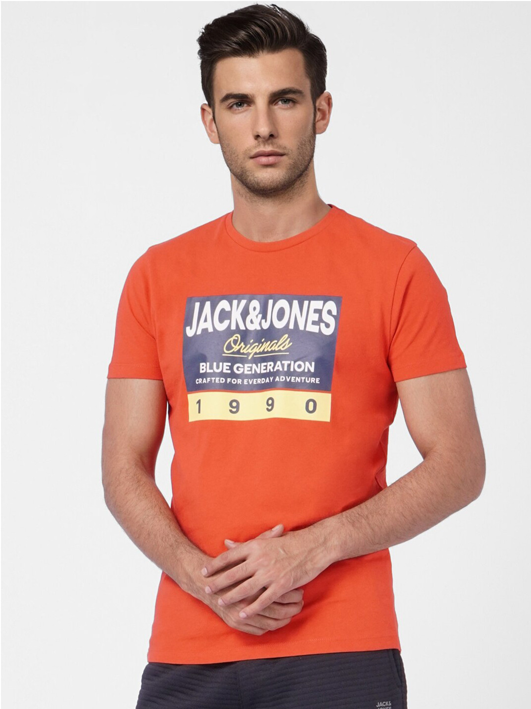 

Jack & Jones Men Orange Typography Printed Cotton Slim Fit T-shirt
