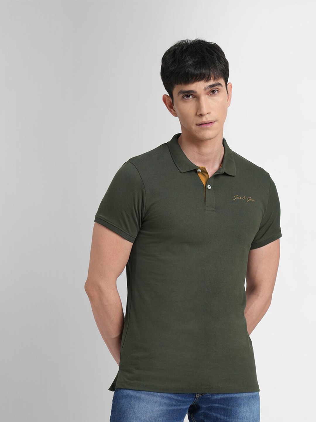

Jack & Jones Men Green Polo Collar Cotton Slim Fit T-shirt