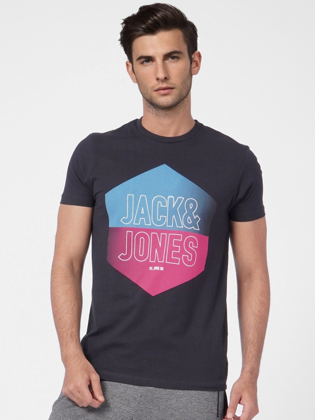 

Jack & Jones Men Black Typography Printed Cotton Slim Fit T-shirt