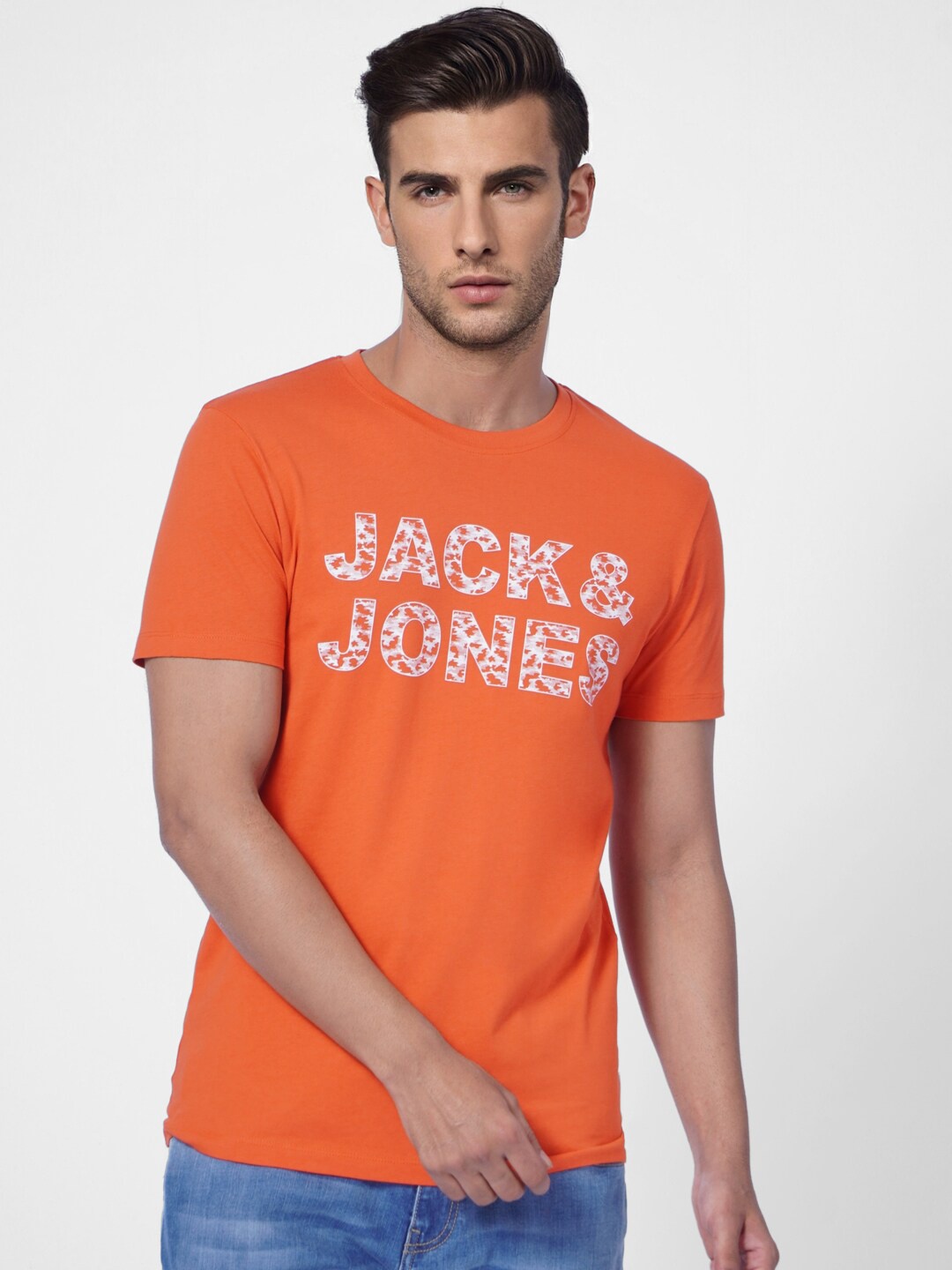 

Jack & Jones Men Orange Typography Printed Slim Fit T-shirt