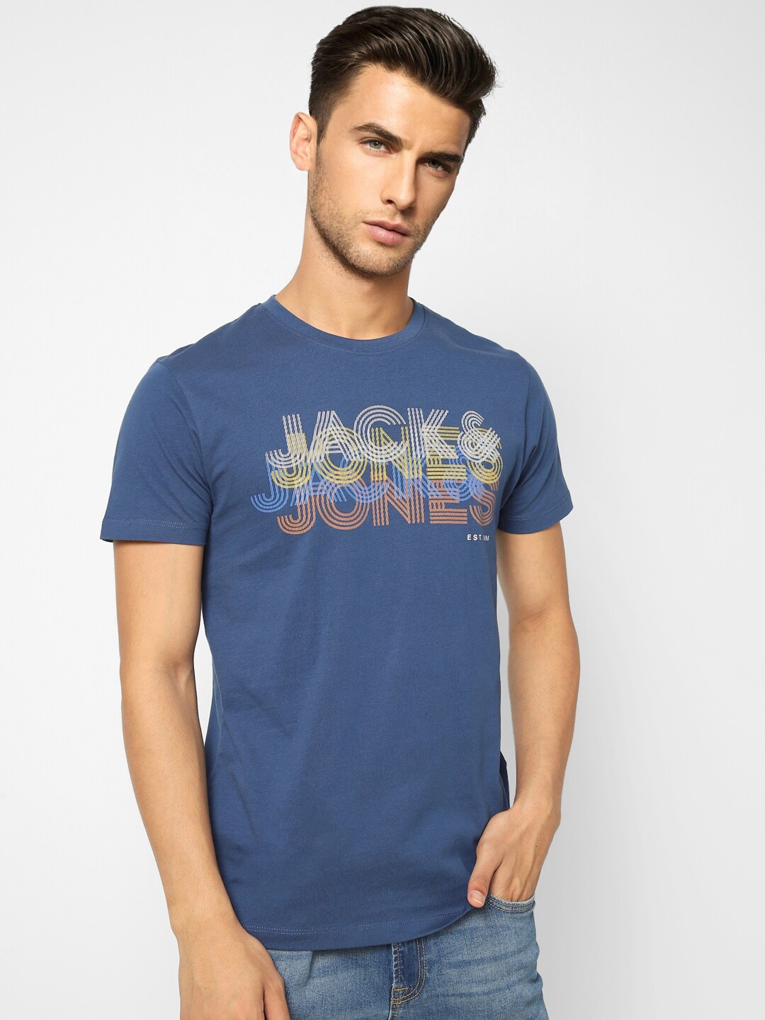 

Jack & Jones Men Blue Printed Cotton Slim Fit T-shirt