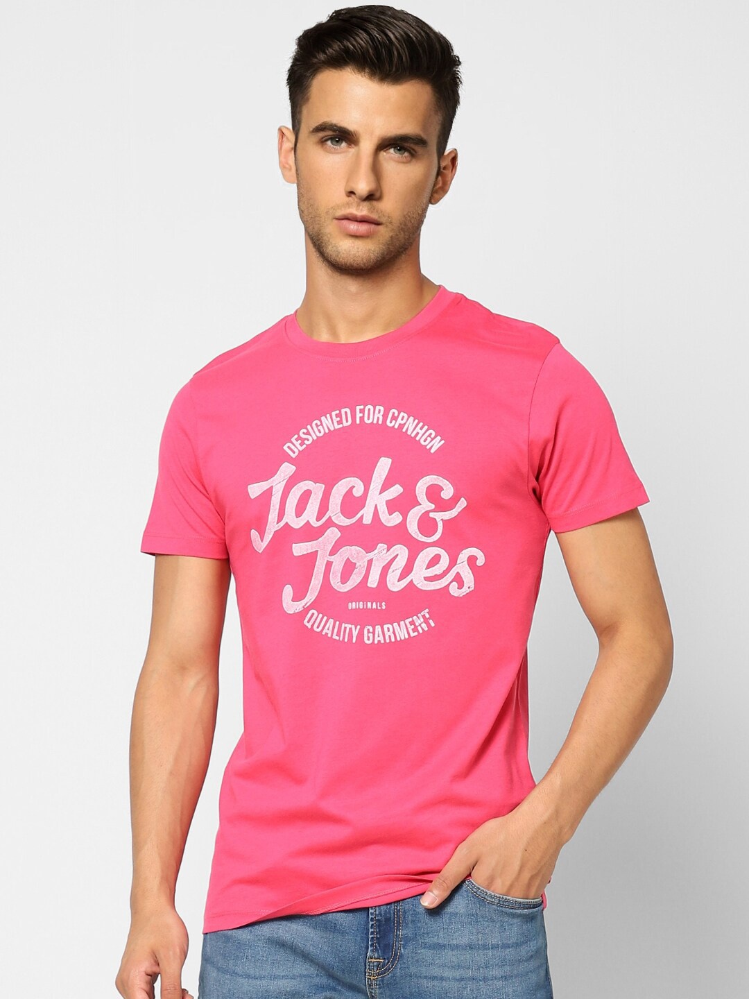 

Jack & Jones Men Pink Typography Printed Cotton Slim Fit T-shirt
