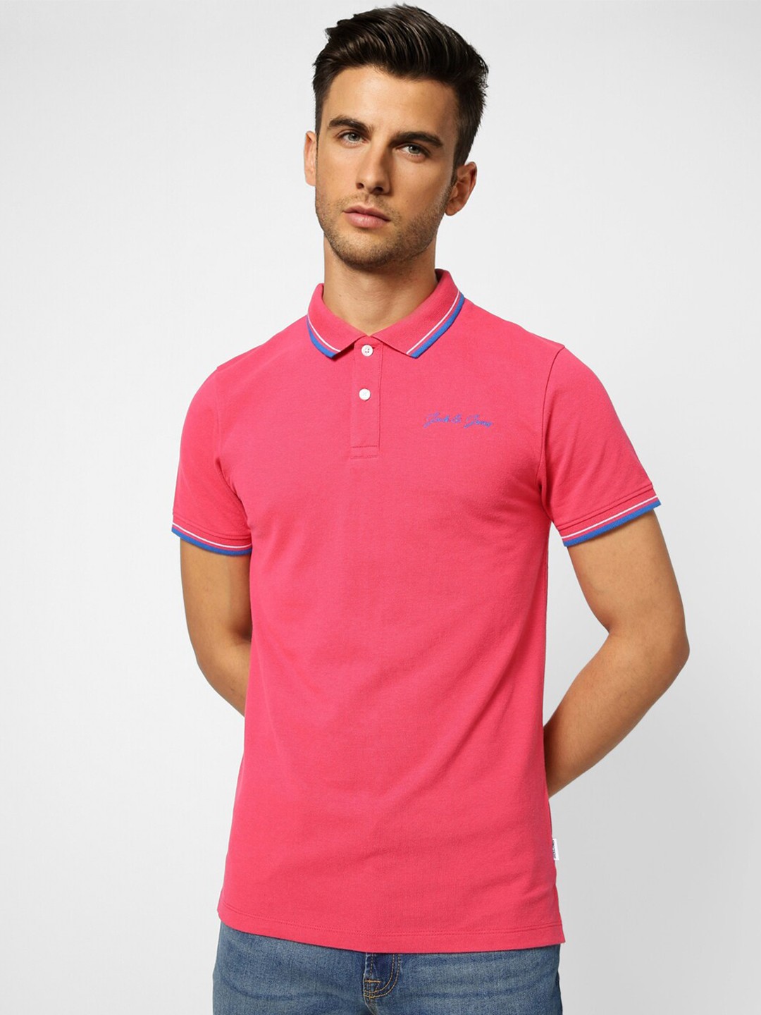 

Jack & Jones Men Pink Polo Collar Cotton Slim Fit T-shirt