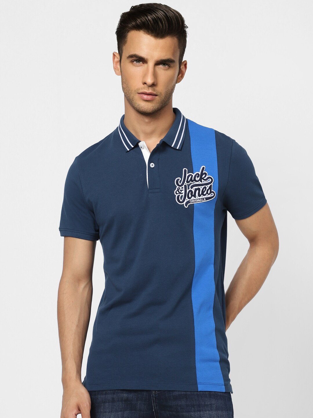 

Jack & Jones Men Blue Polo Collar Cotton Slim Fit T-shirt