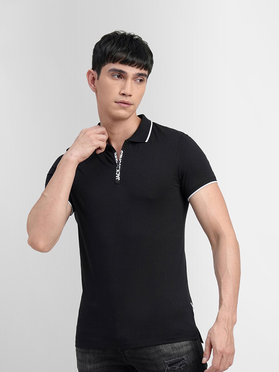 

Jack & Jones Men Black Polo Collar Cotton Slim Fit T-shirt