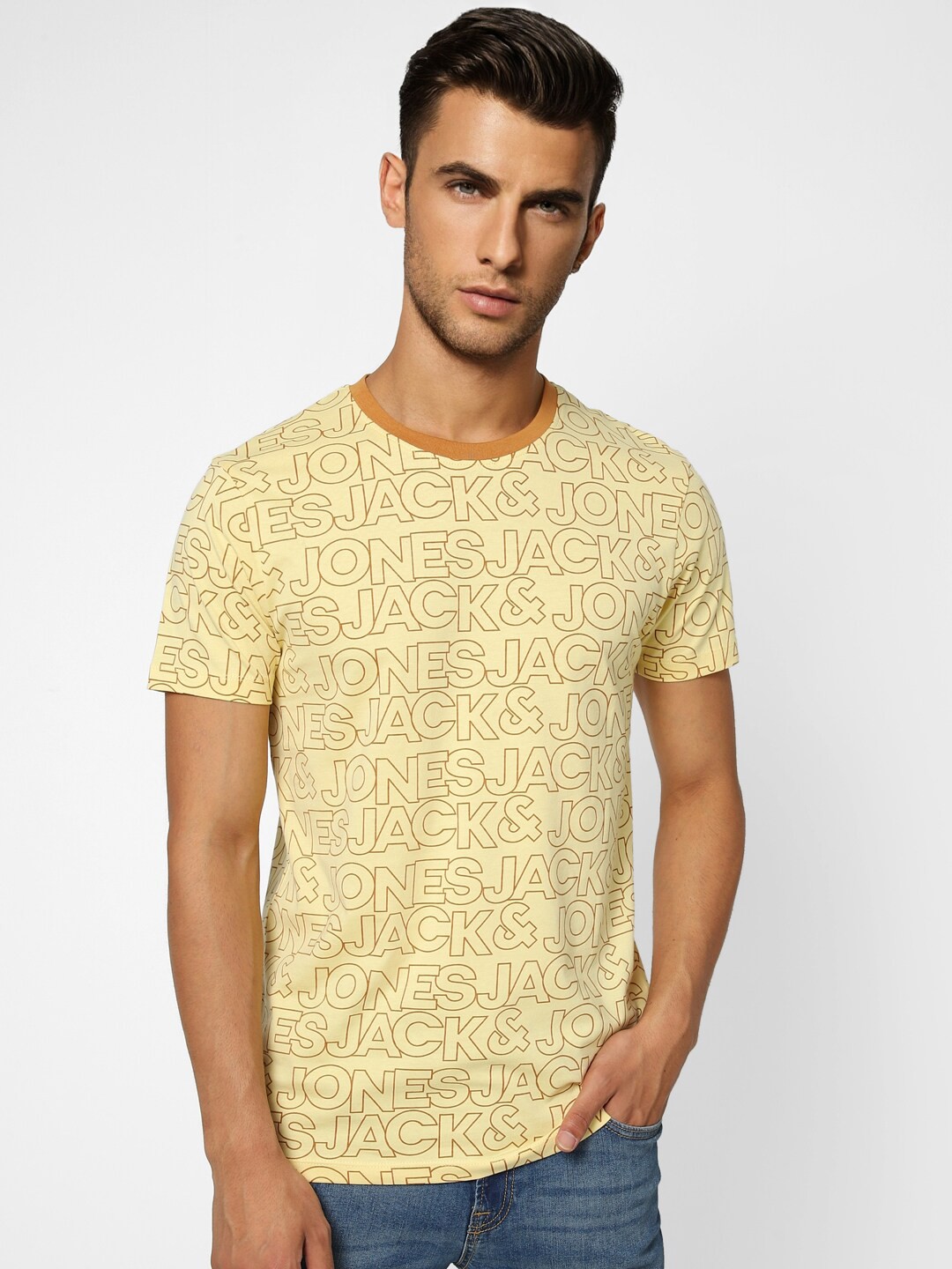 

Jack & Jones Men Yellow Typography Printed Cotton T-shirt