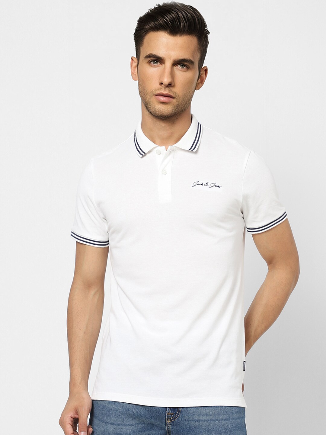 

Jack & Jones Men White Polo Collar Cotton Slim Fit T-shirt
