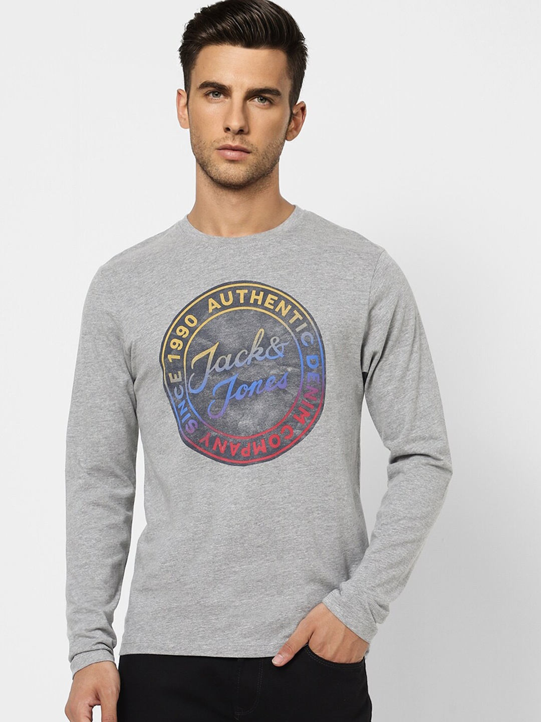 

Jack & Jones Men Grey Typography Printed Cotton T-shirt