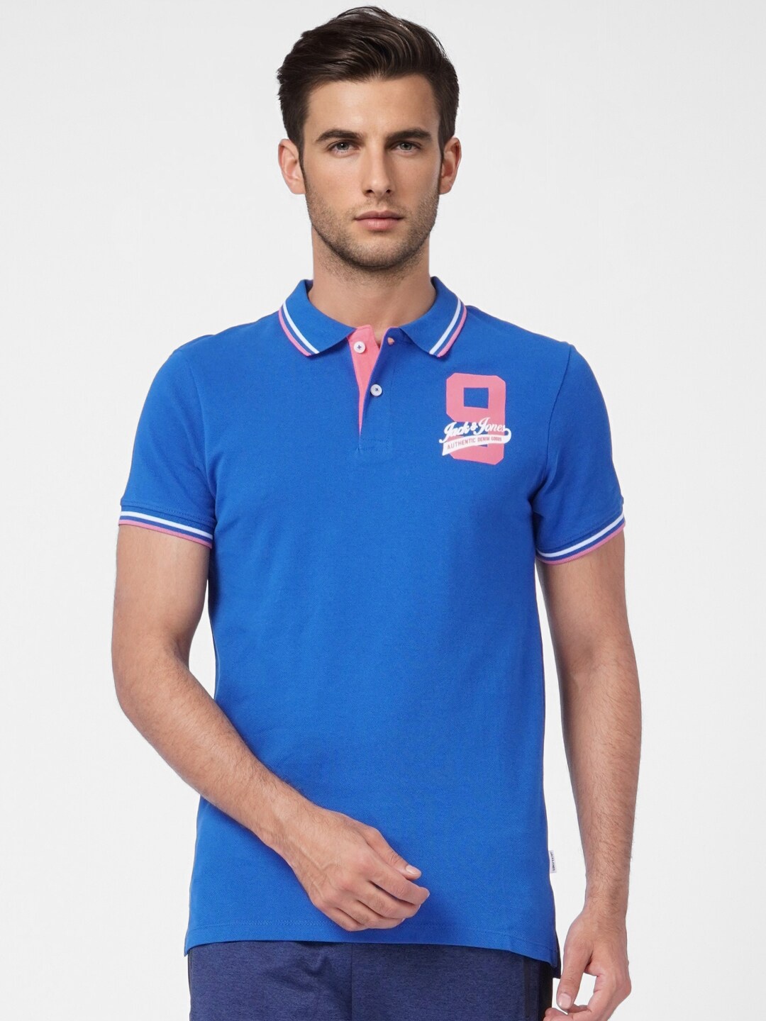 

Jack & Jones Men Blue Polo Collar Cotton Slim Fit T-shirt