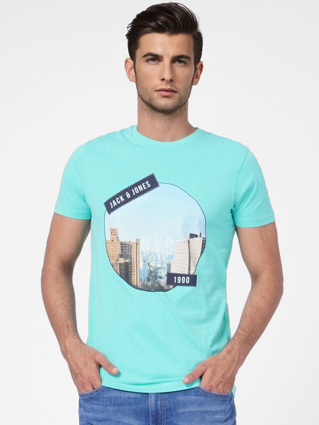 

Jack & Jones Men Turquoise Blue Printed Cotton Slim Fit T-shirt