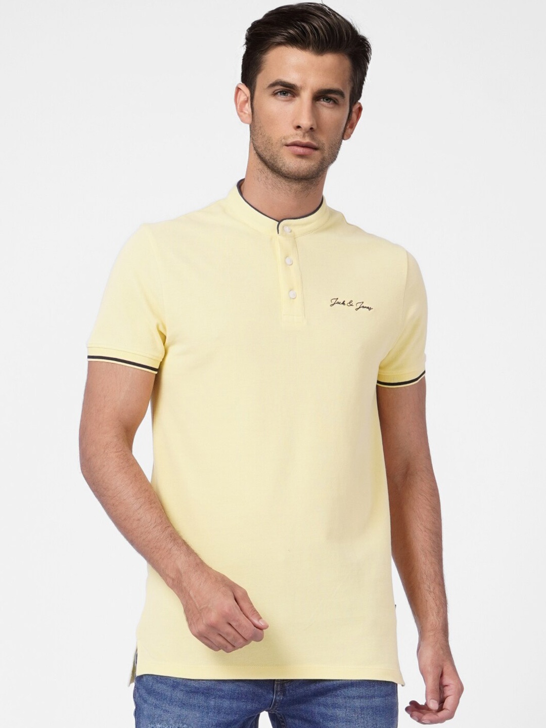 

Jack & Jones Men Yellow Henley Neck Cotton Slim Fit T-shirt