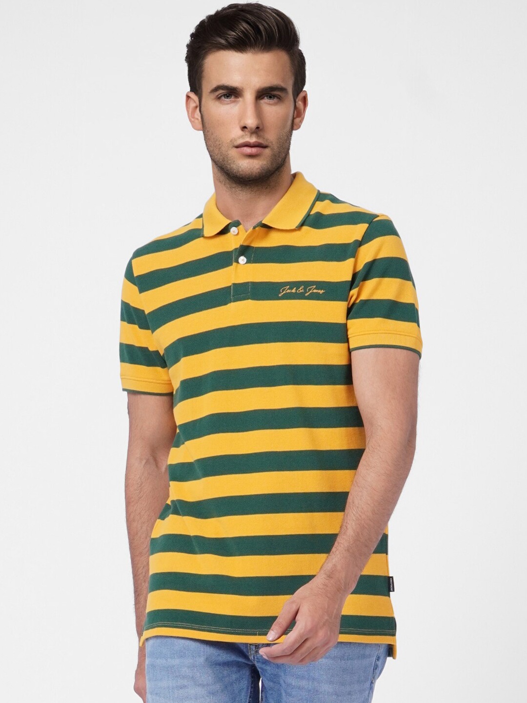 

Jack & Jones Men Yellow Striped Polo Collar Cotton Slim Fit T-shirt