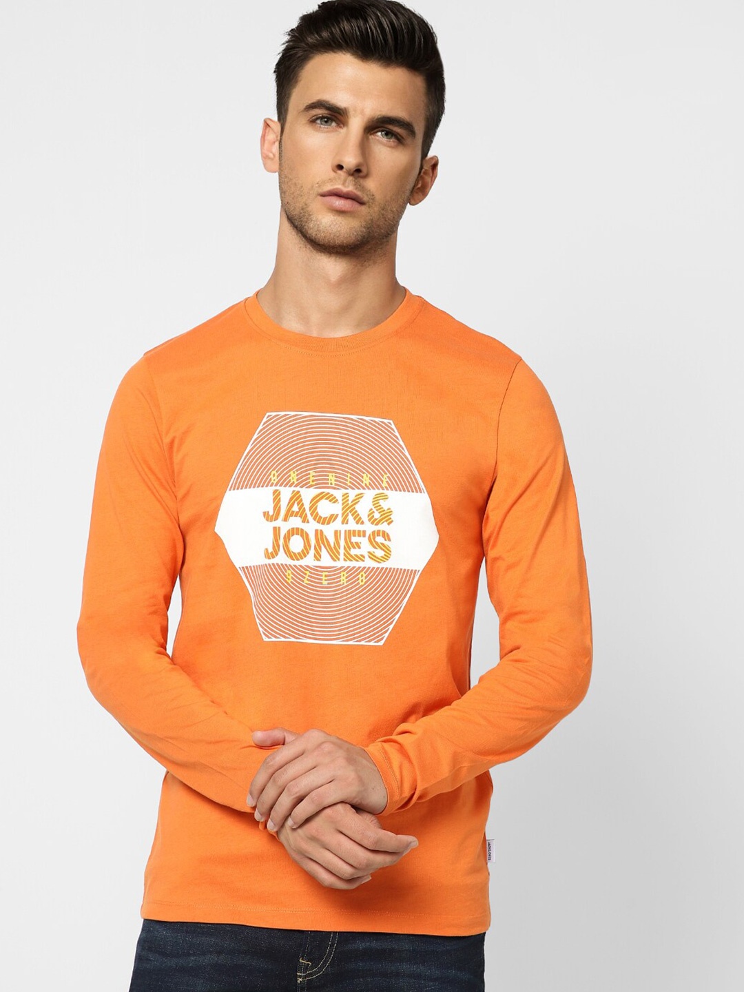 

Jack & Jones Men Orange Typography Printed Cotton Slim Fit T-shirt