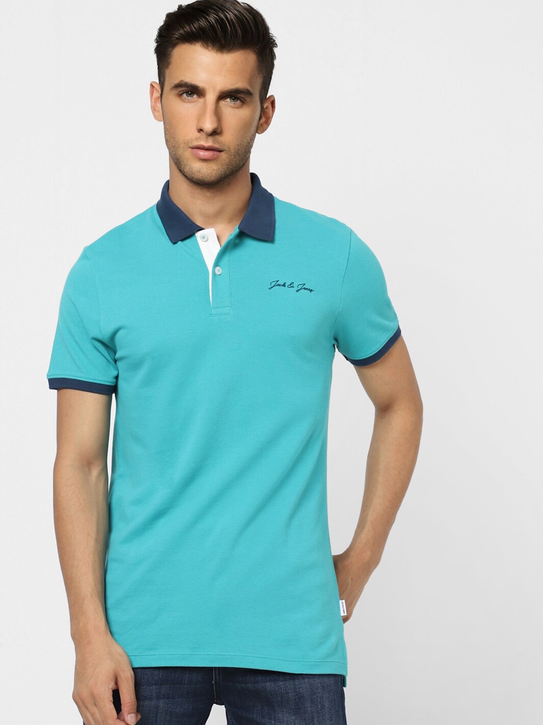 

Jack & Jones Men Blue Polo Collar Cotton Slim Fit T-shirt