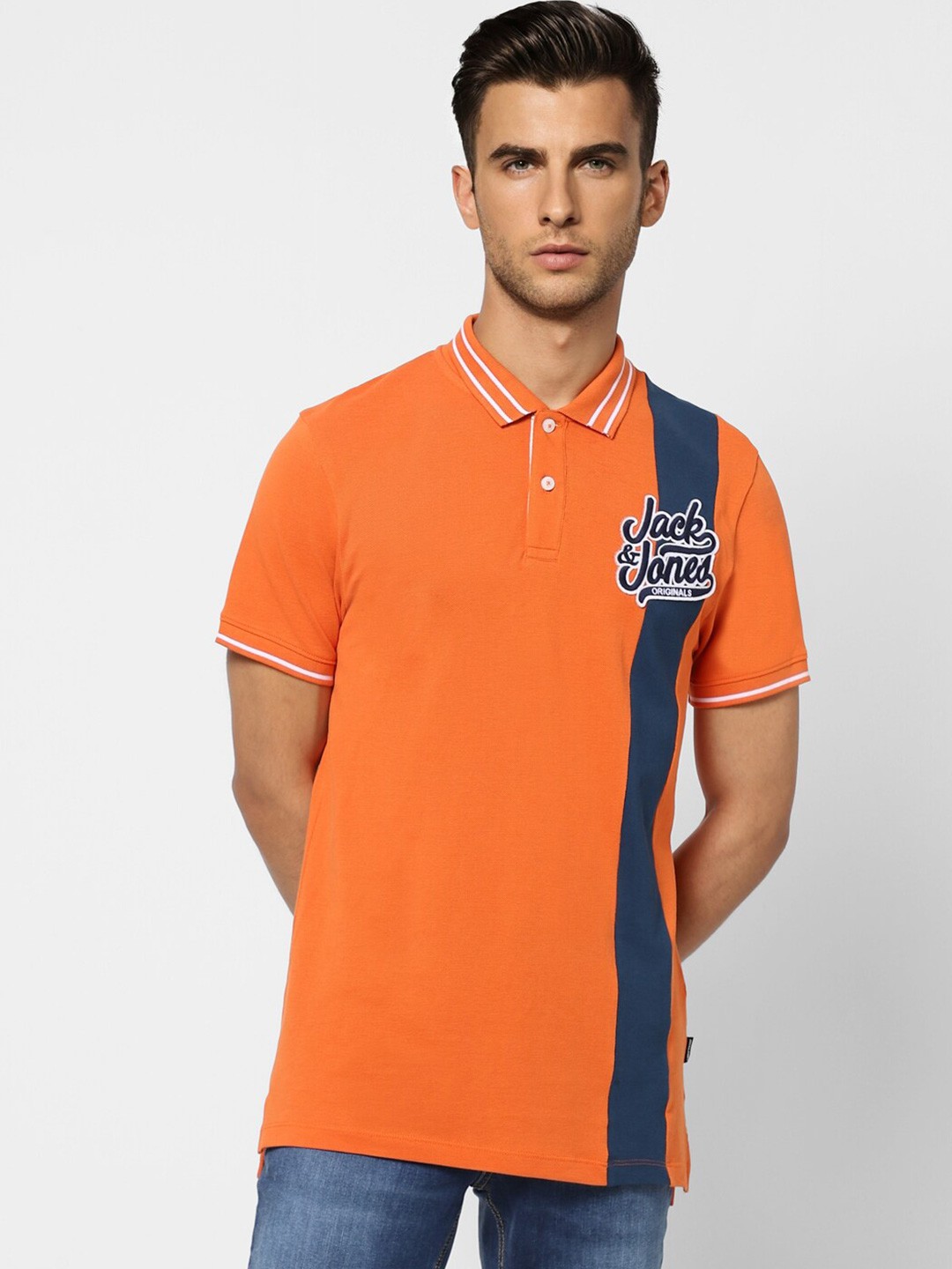 

Jack & Jones Men Orange Polo Collar Cotton Slim Fit T-shirt