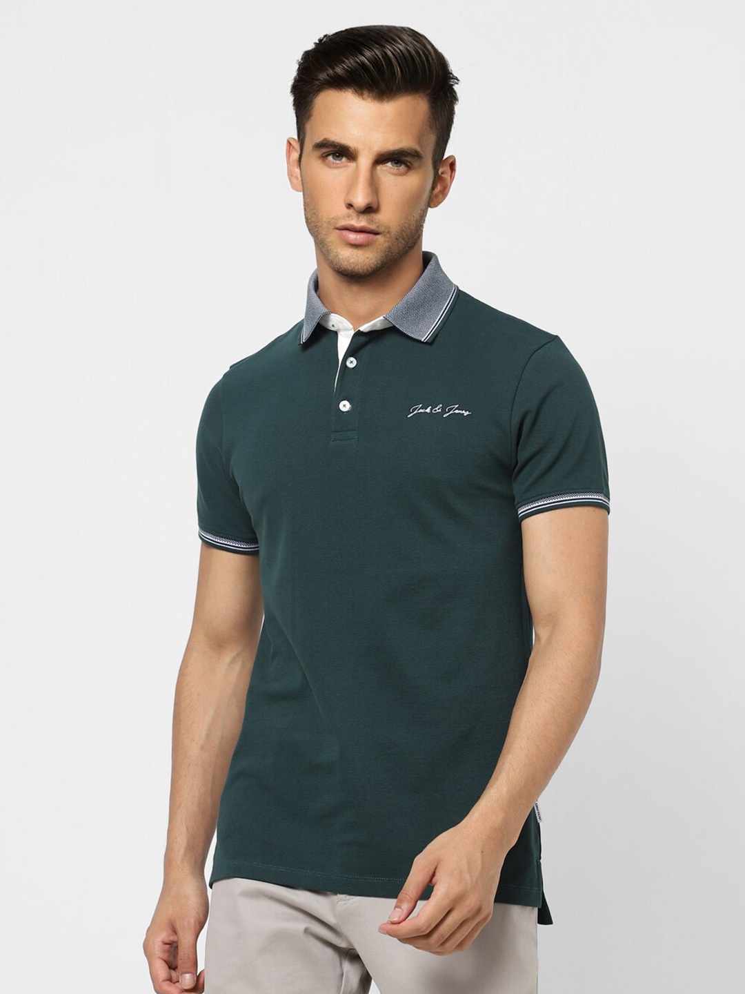 

Jack & Jones Men Green Polo Collar Cotton Slim Fit T-shirt