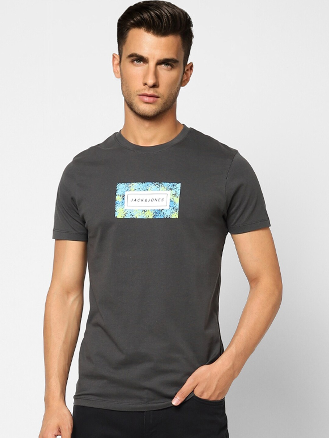 

Jack & Jones Men Charcoal Typography Printed Cotton Slim Fit T-shirt