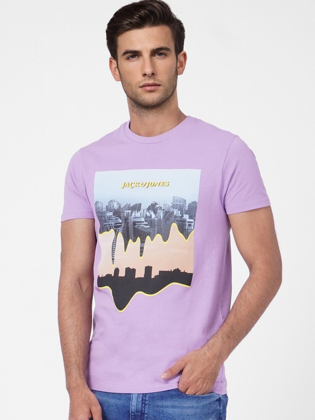 

Jack & Jones Men Purple Printed Slim Fit Cotton T-shirt
