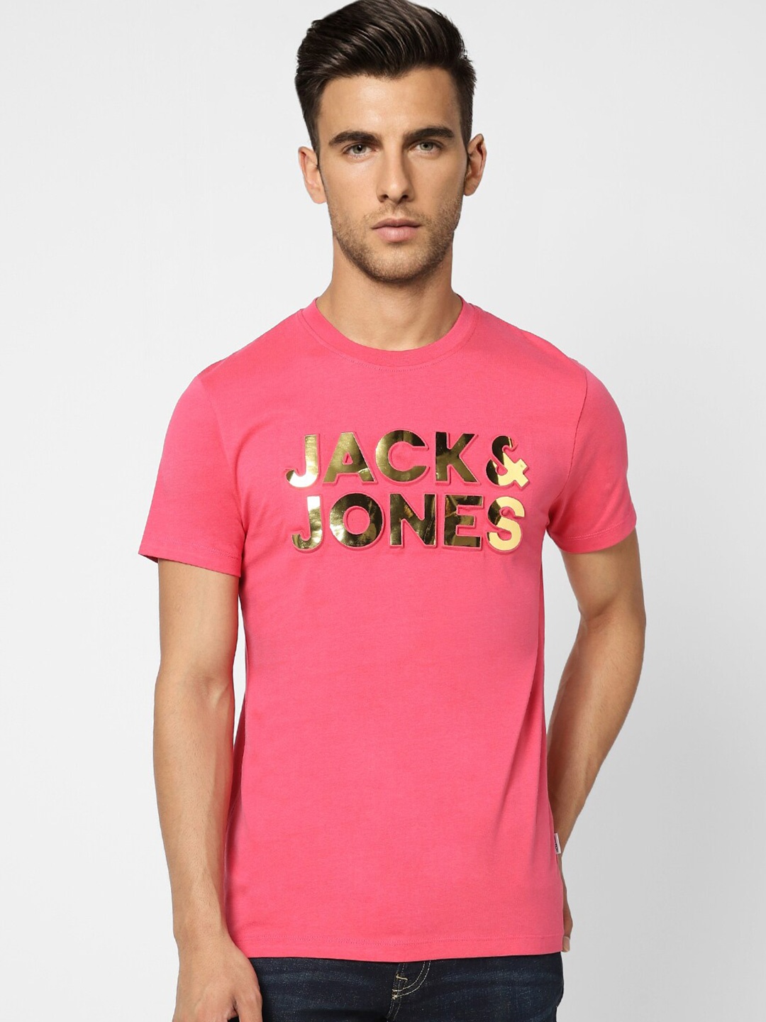 

Jack & Jones Men Pink Typography Printed Slim Fit Cotton T-shirt