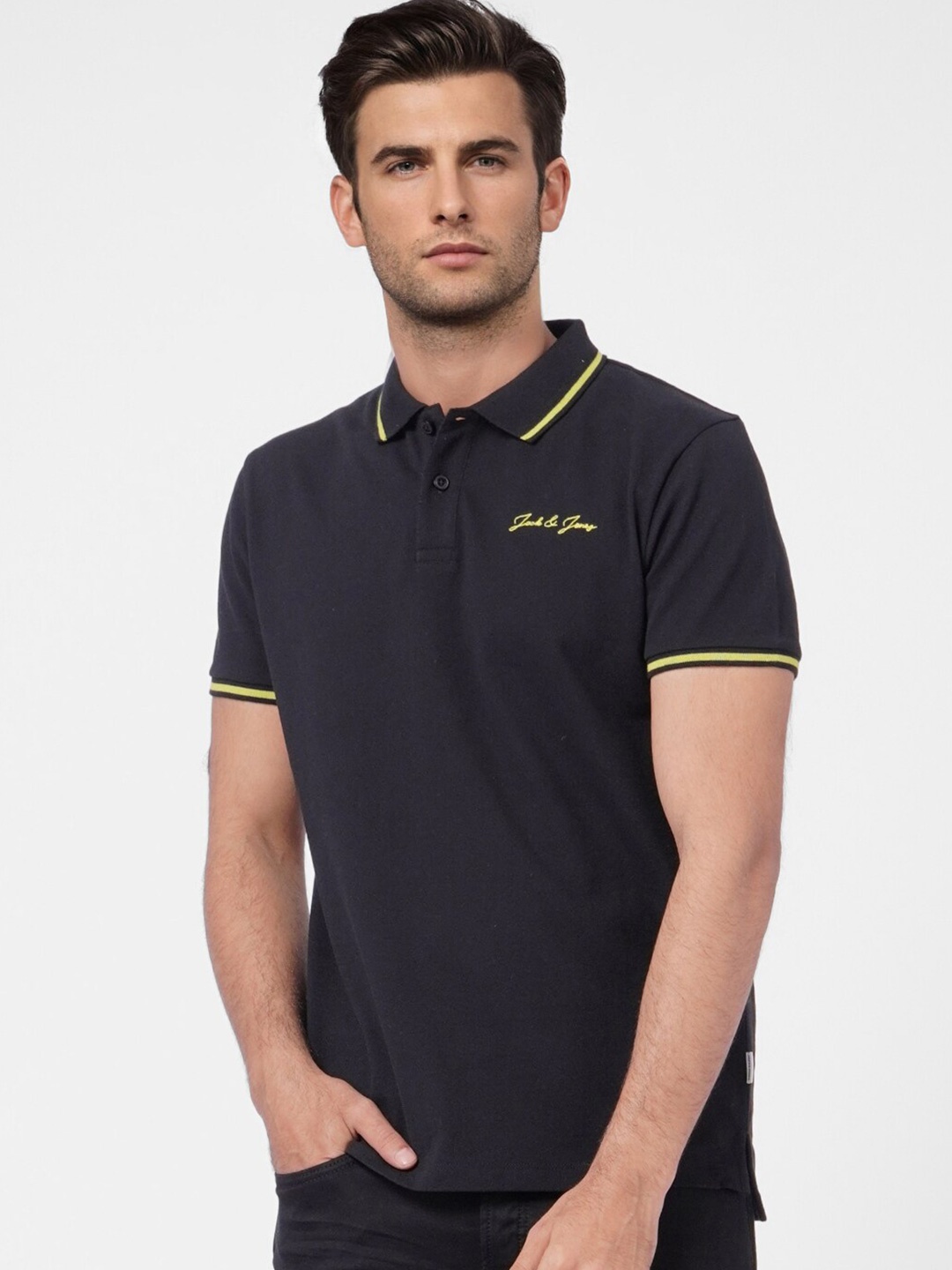 

Jack & Jones Men Black Polo Collar Slim Fit Cotton T-shirt