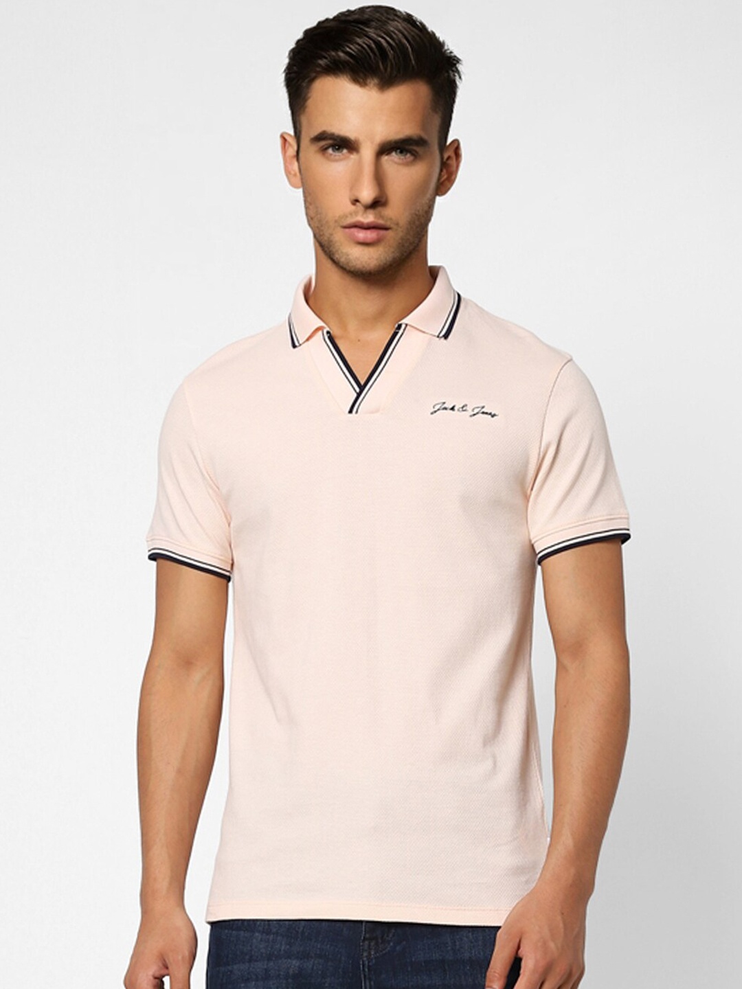 

Jack & Jones Men Peach Polo Collar Slim Fit Cotton T-shirt