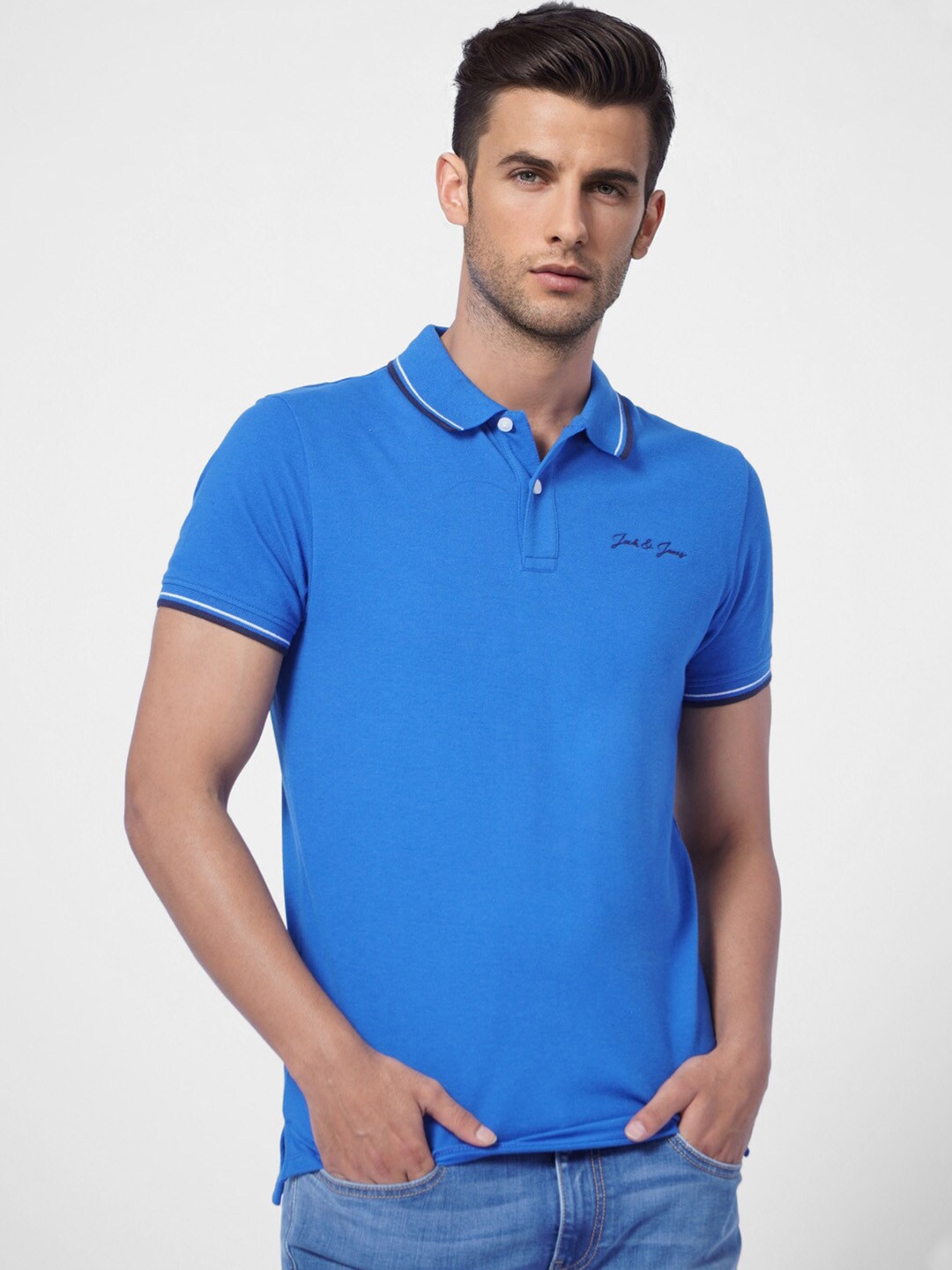 

Jack & Jones Men Blue Polo Collar Slim Fit Cotton T-shirt