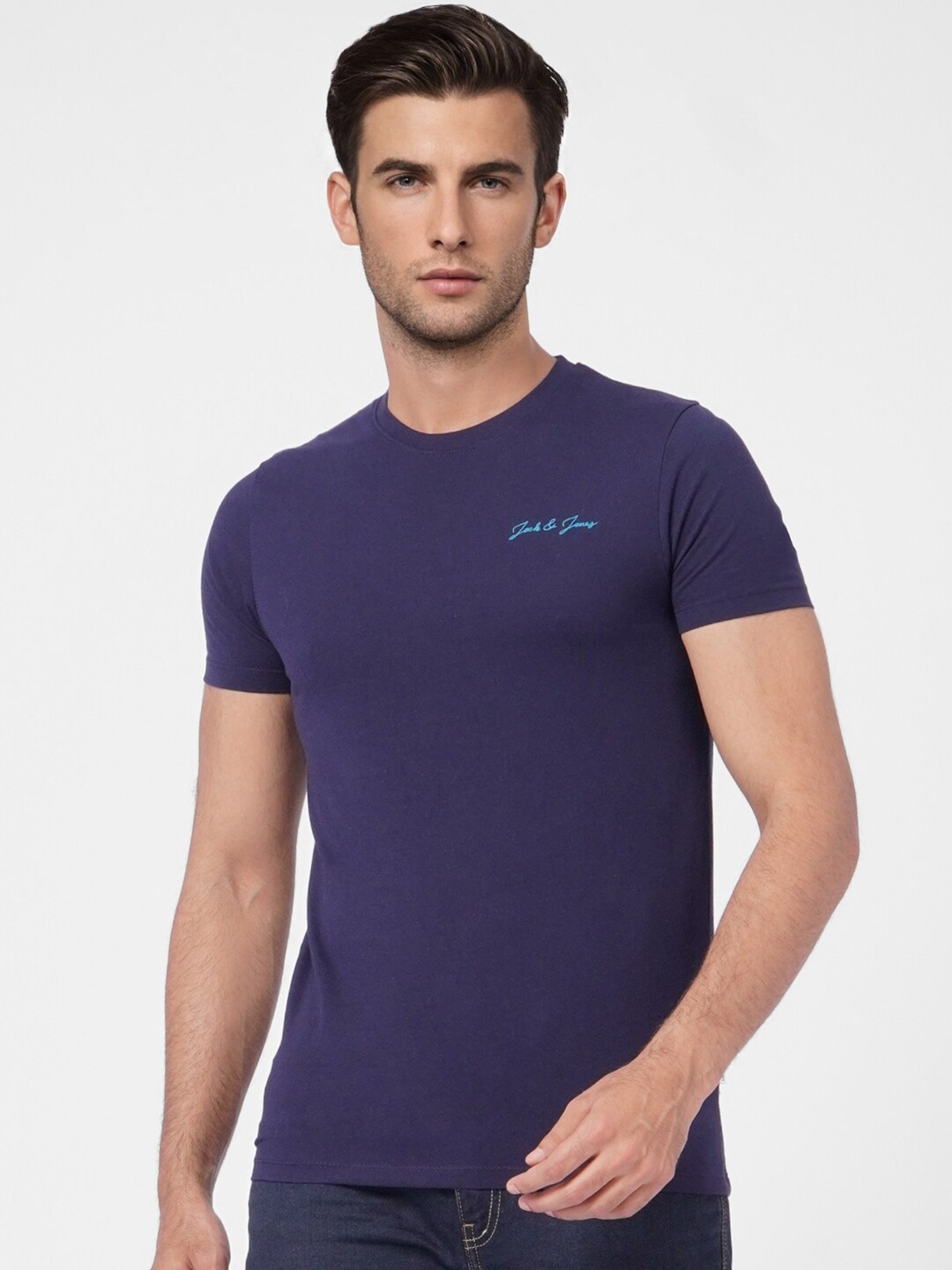 

Jack & Jones Men Navy Blue Slim Fit Cotton T-shirt