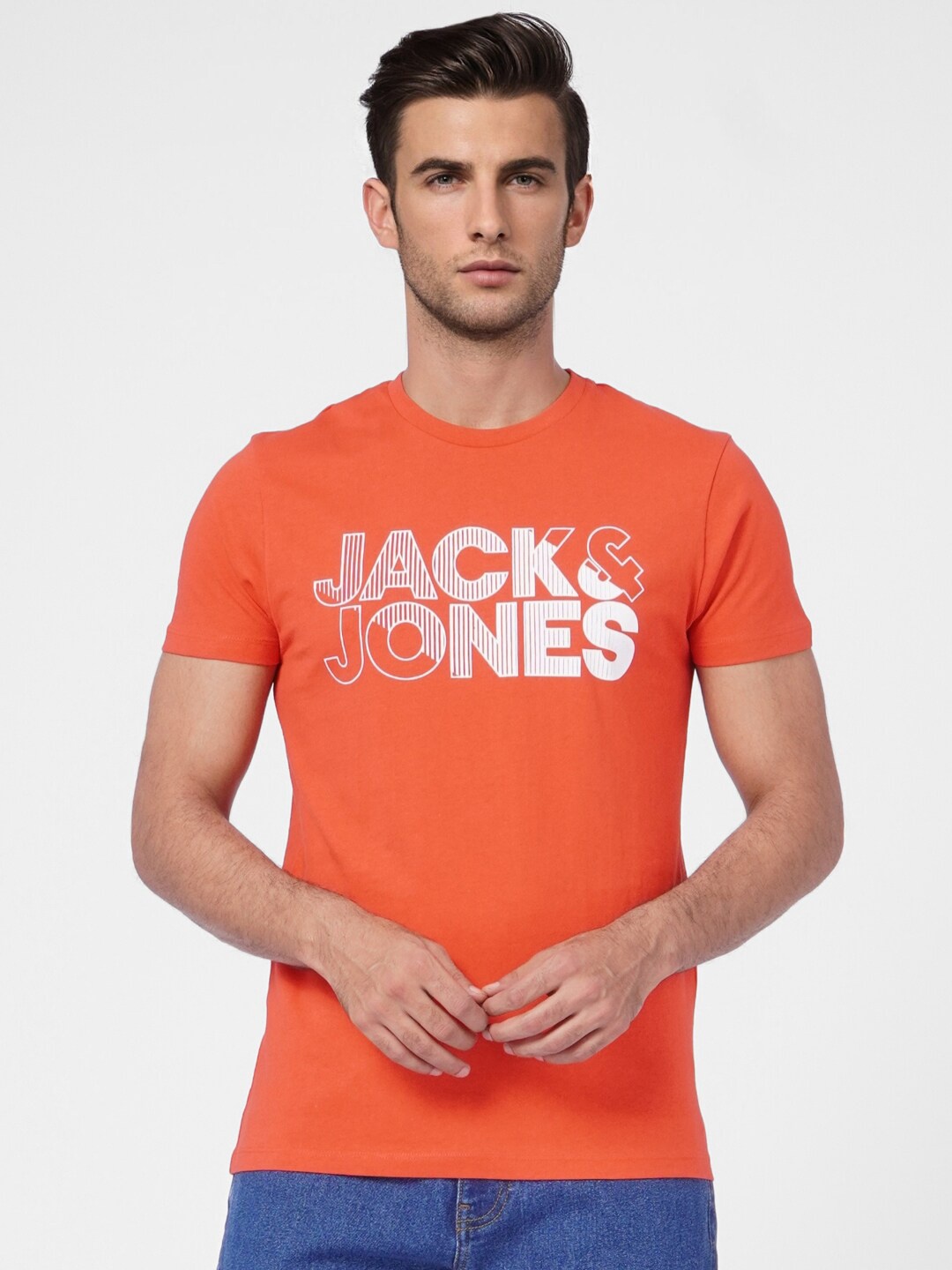 

Jack & Jones Men Orange Typography Printed Slim Fit Cotton T-shirt