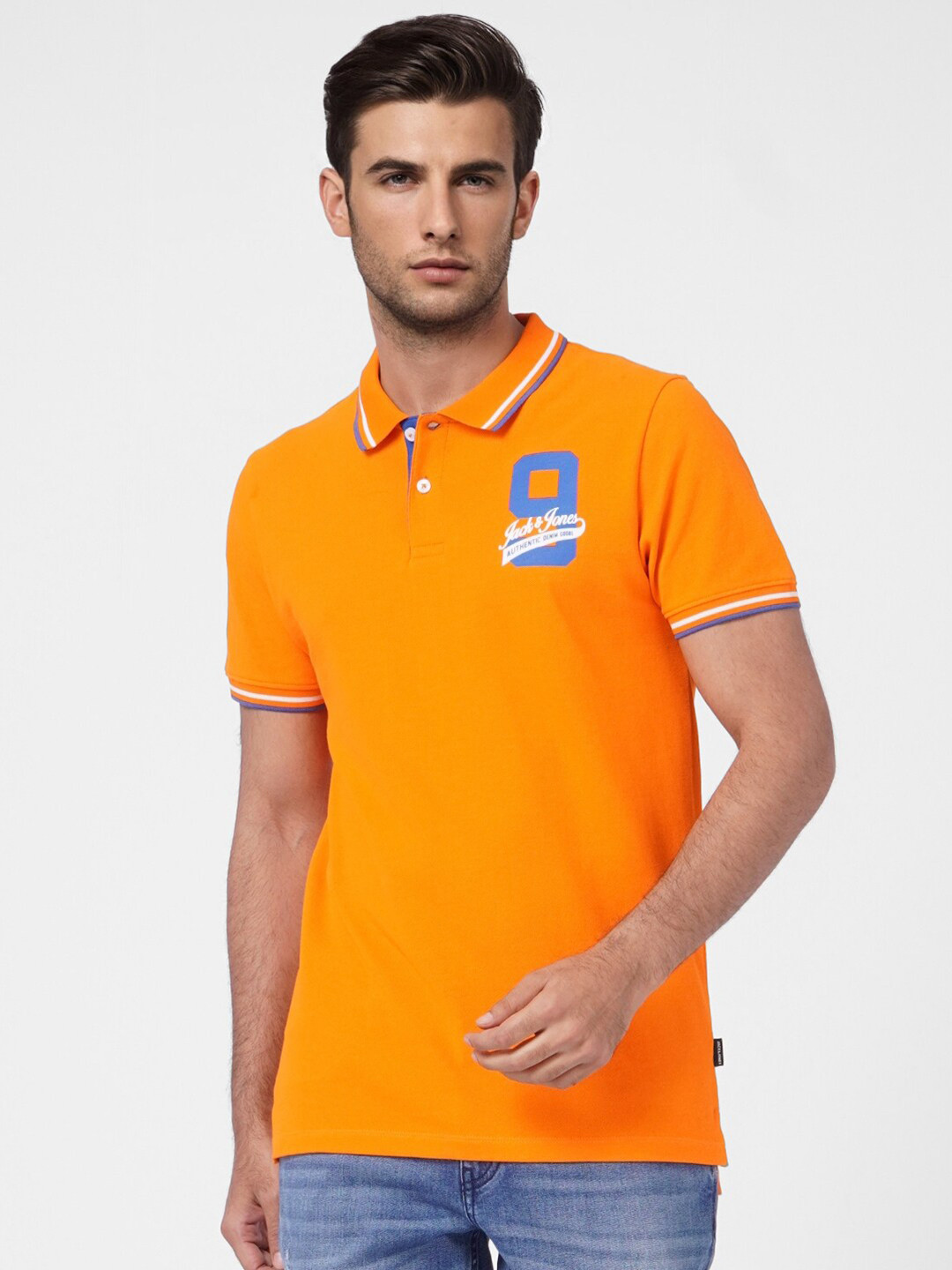 

Jack & Jones Men Orange Polo Collar Slim Fit Cotton T-shirt