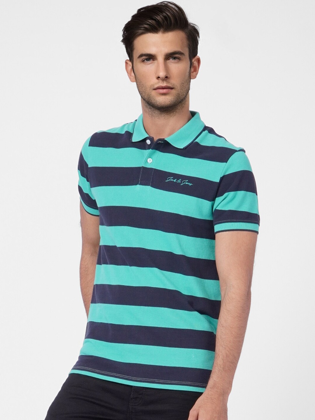 

Jack & Jones Men Turquoise Blue & Black Striped Polo Collar Slim Fit Cotton T-shirt