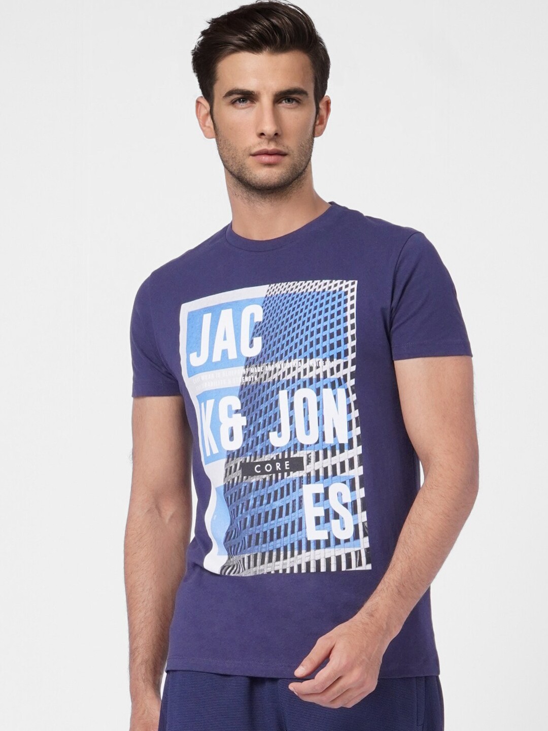 

Jack & Jones Men Navy Blue Typography Printed Slim Fit Cotton T-shirt