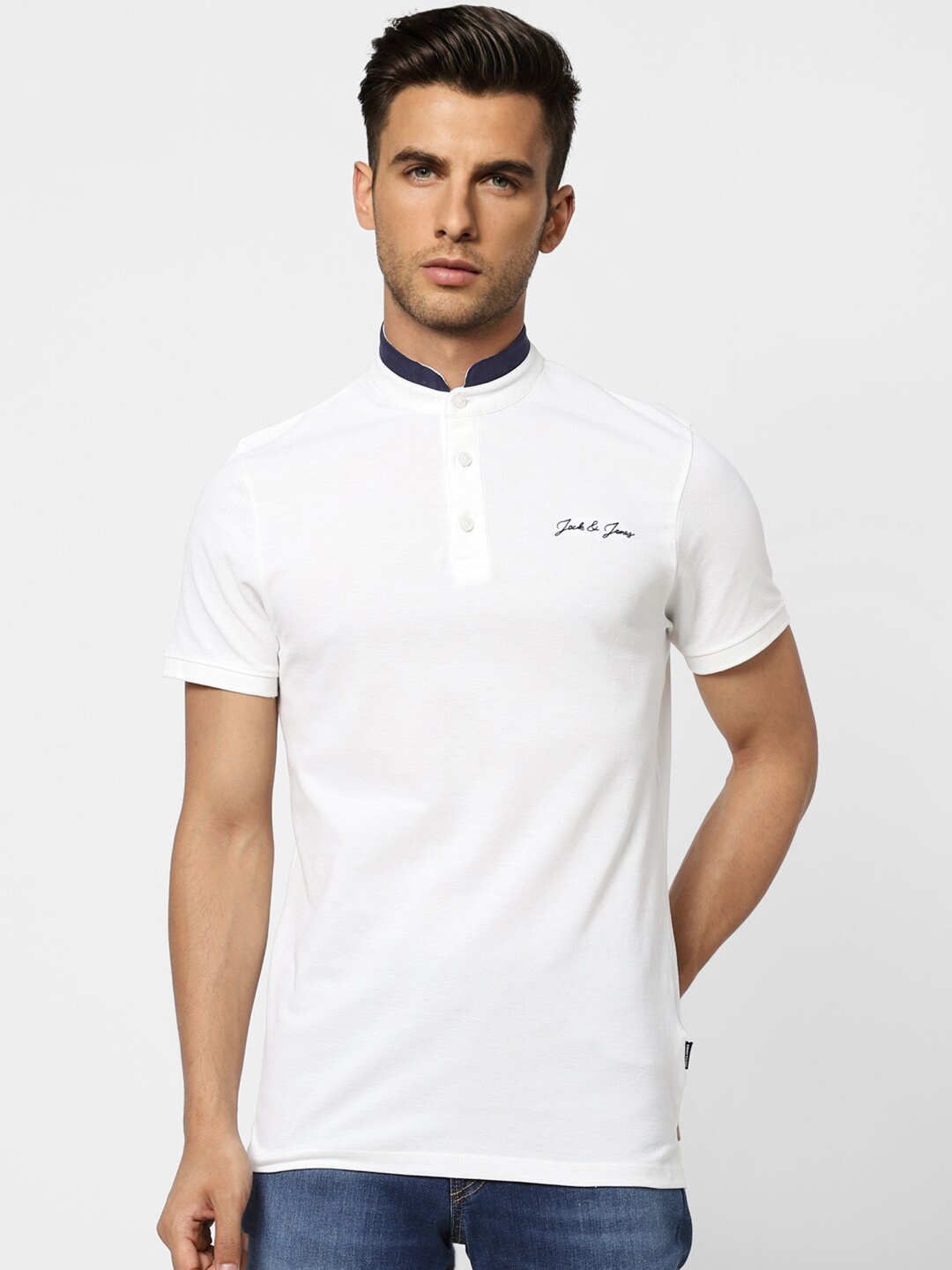 

Jack & Jones Men White Henley Neck Slim Fit Cotton T-shirt