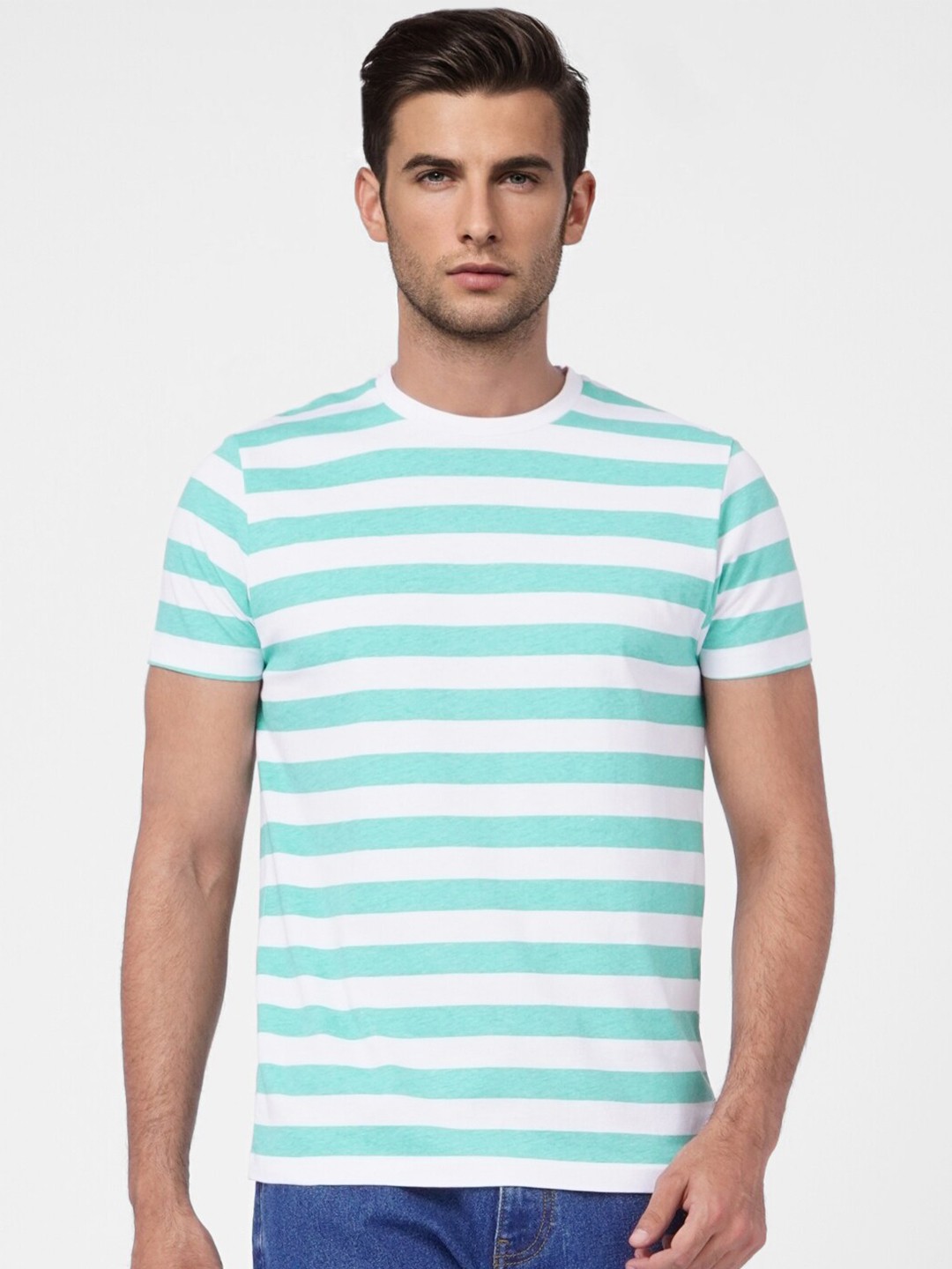 

Jack & Jones Men Blue & White Striped Slim Fit Cotton T-shirt