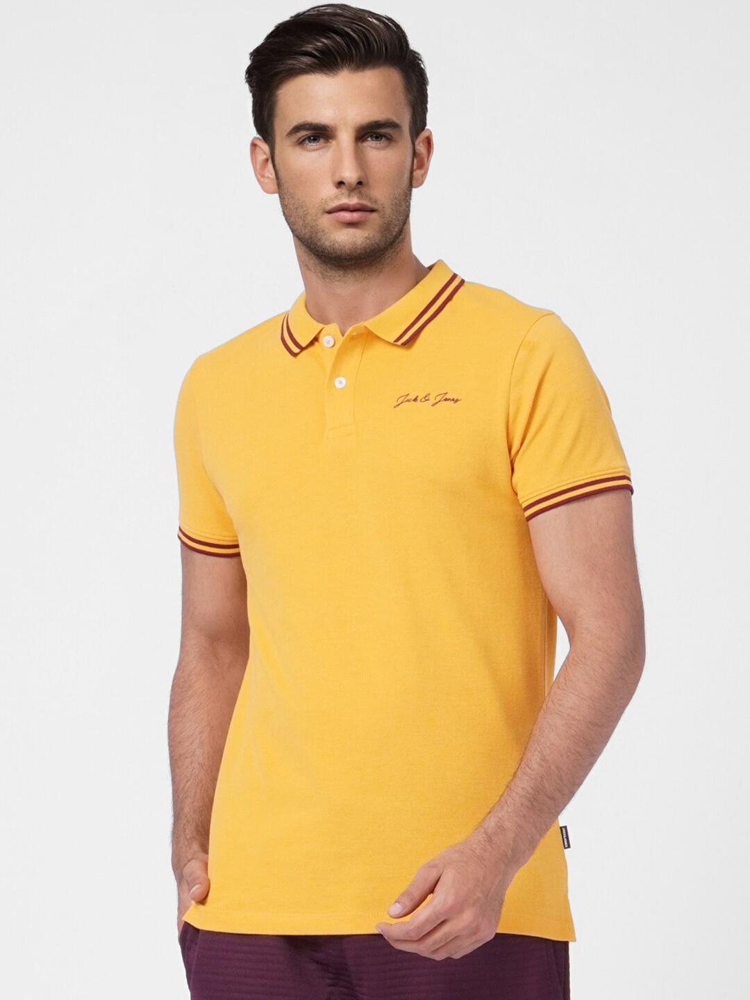

Jack & Jones Men Yellow Polo Collar Slim Fit Cotton T-shirt