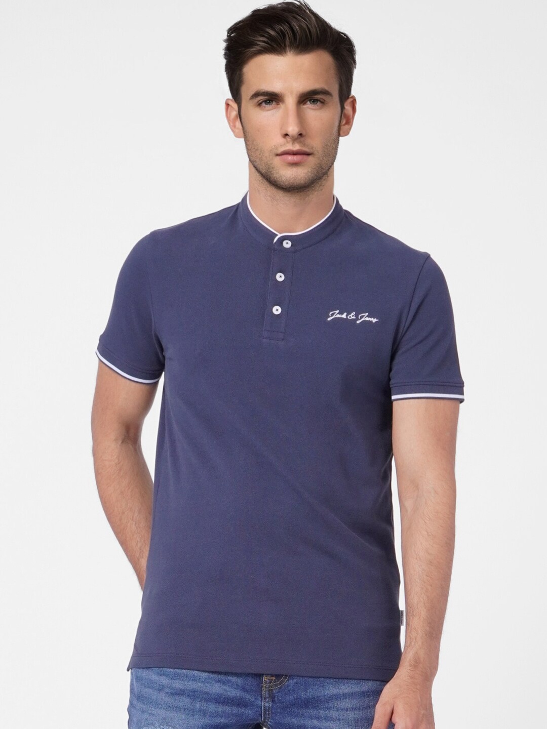 

Jack & Jones Men Blue Henley Neck Slim Fit Cotton T-shirt