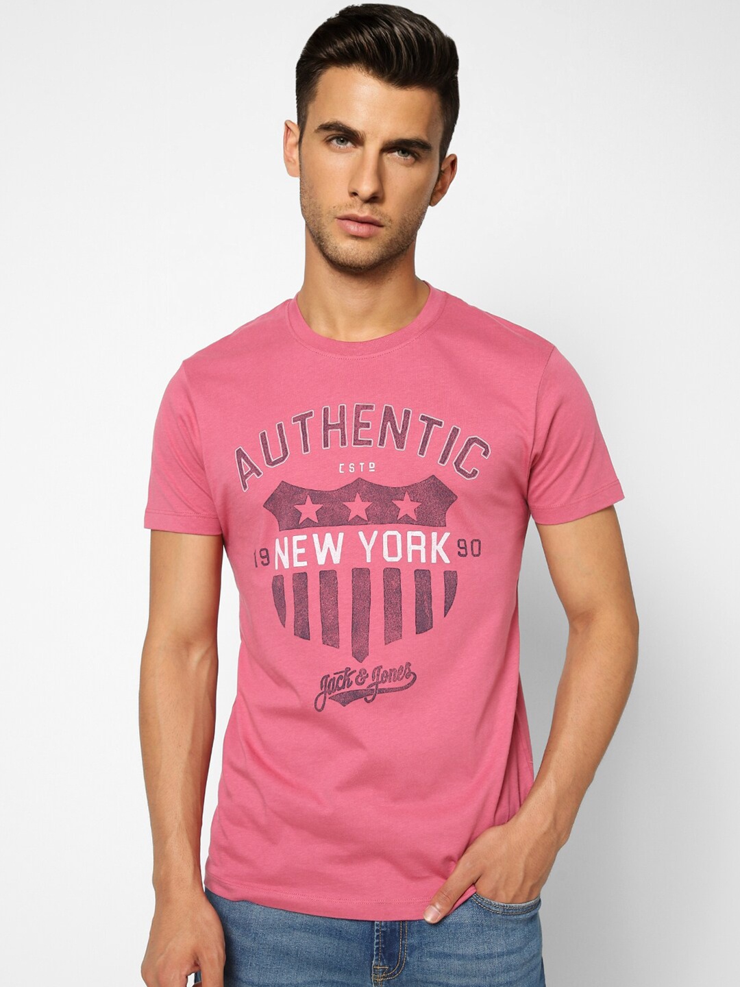 

Jack & Jones Men Pink Typography Printed Slim Fit Cotton T-shirt