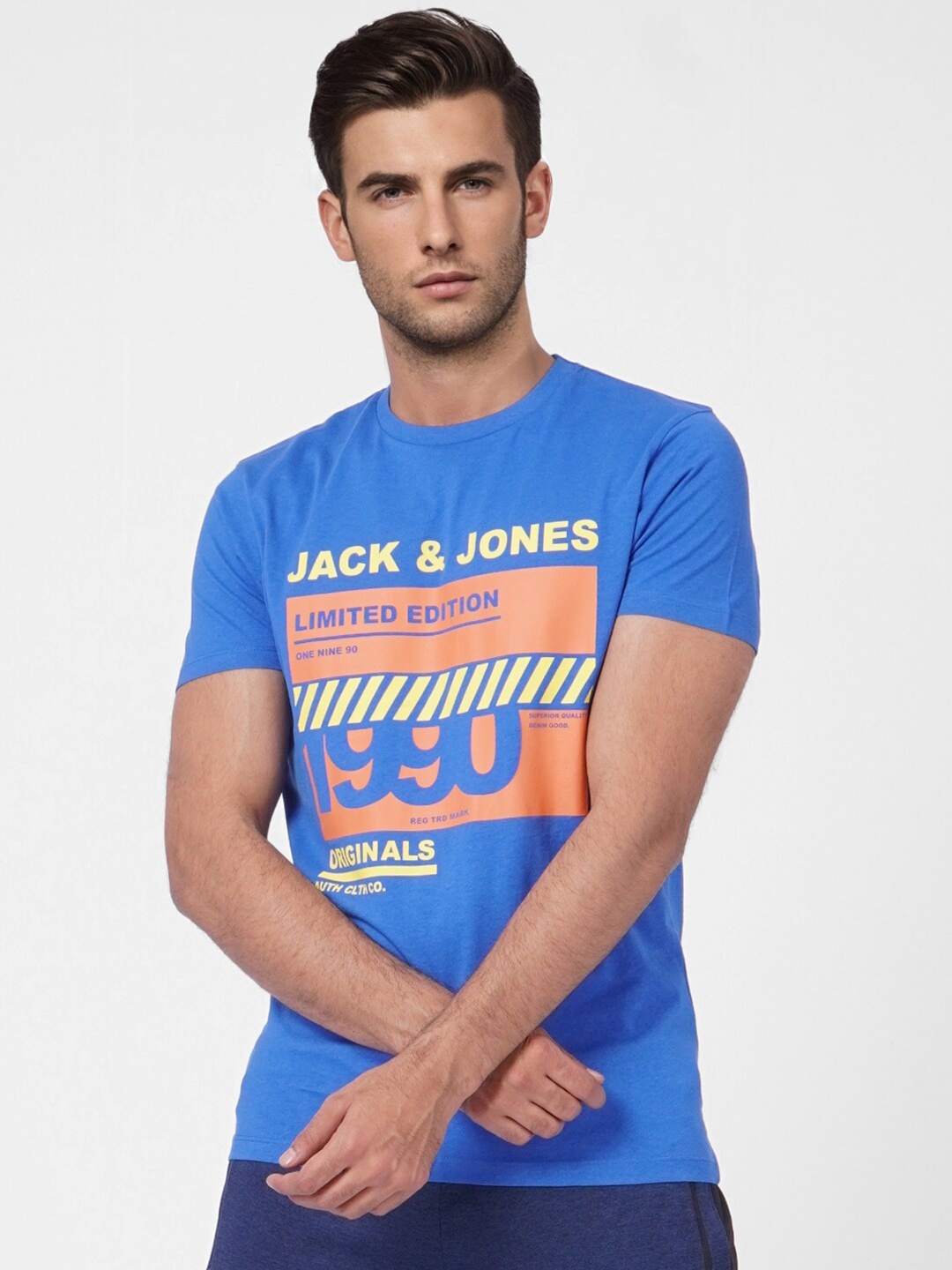 

Jack & Jones Men Blue Typography Printed Slim Fit Cotton T-shirt