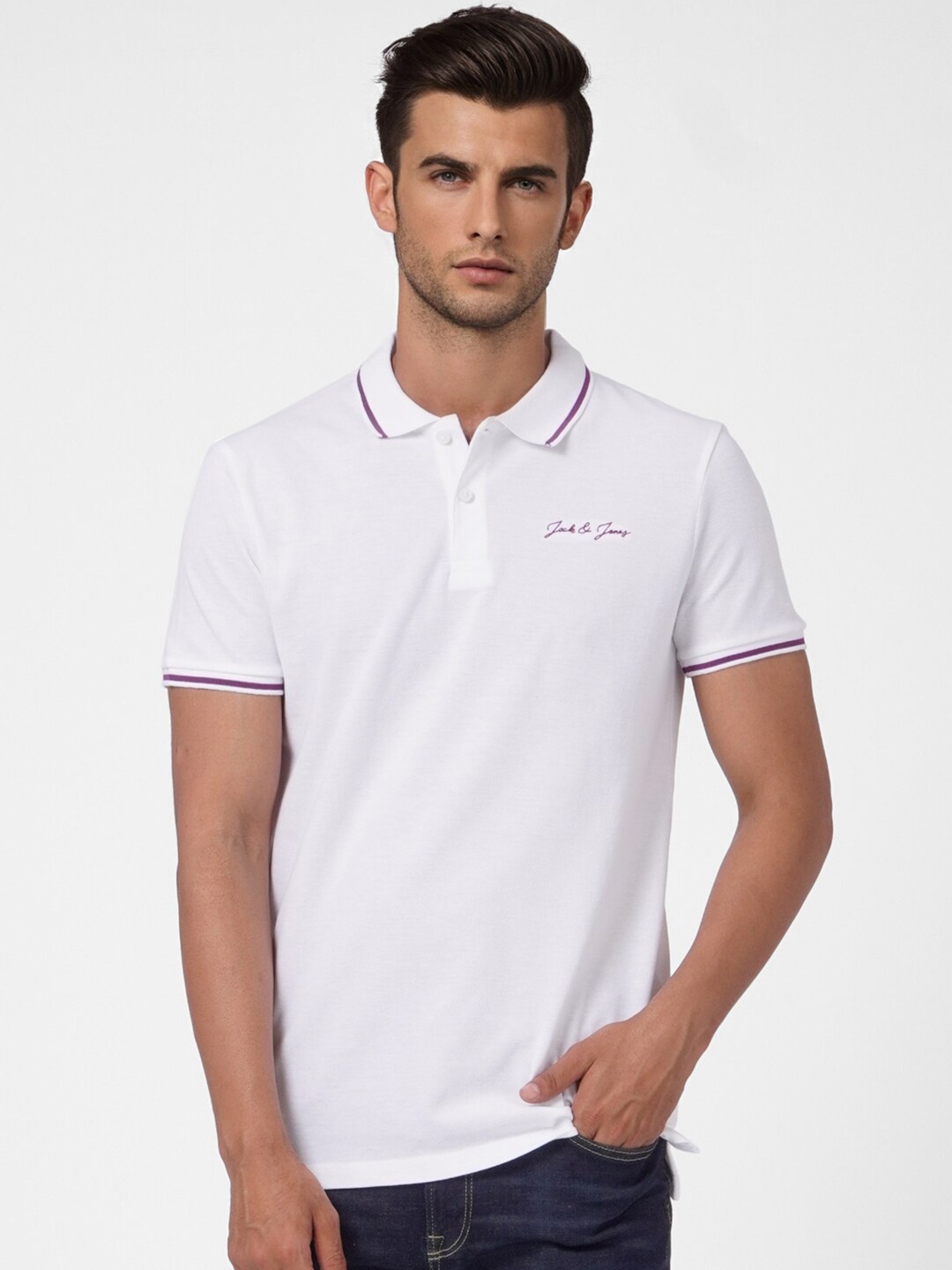 

Jack & Jones Men White Polo Collar Slim Fit Cotton T-shirt