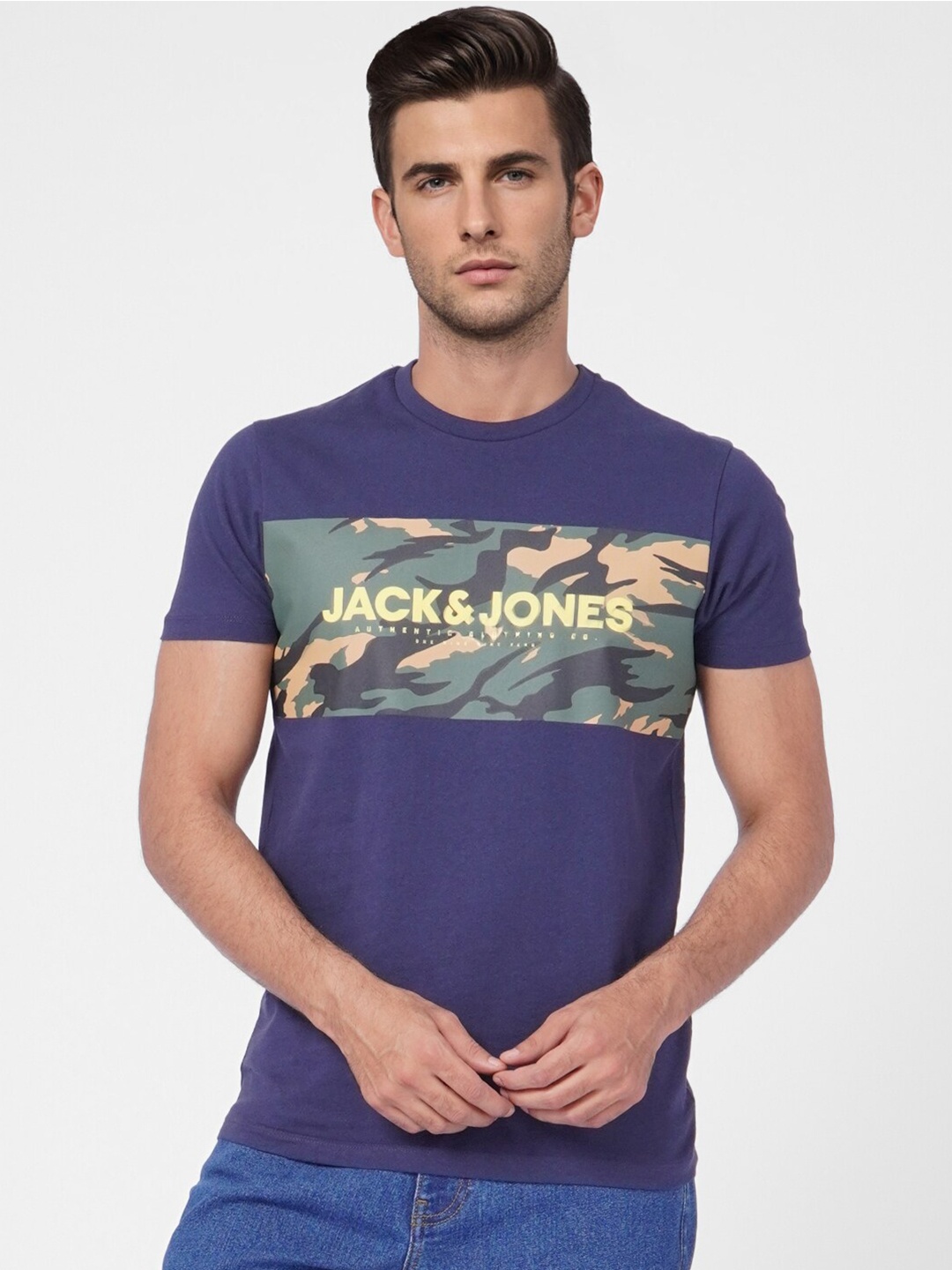 

Jack & Jones Men Blue Printed Slim Fit Cotton T-shirt