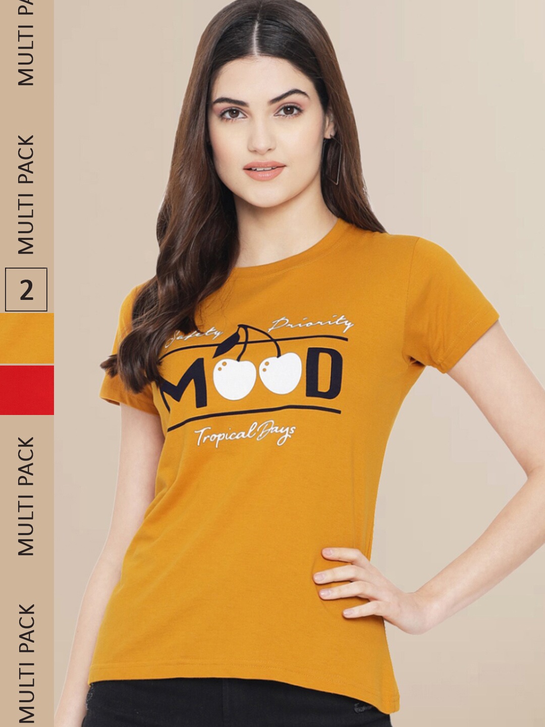 Fabflee Women Mustard Yellow & Red 2 Printed T-shirt