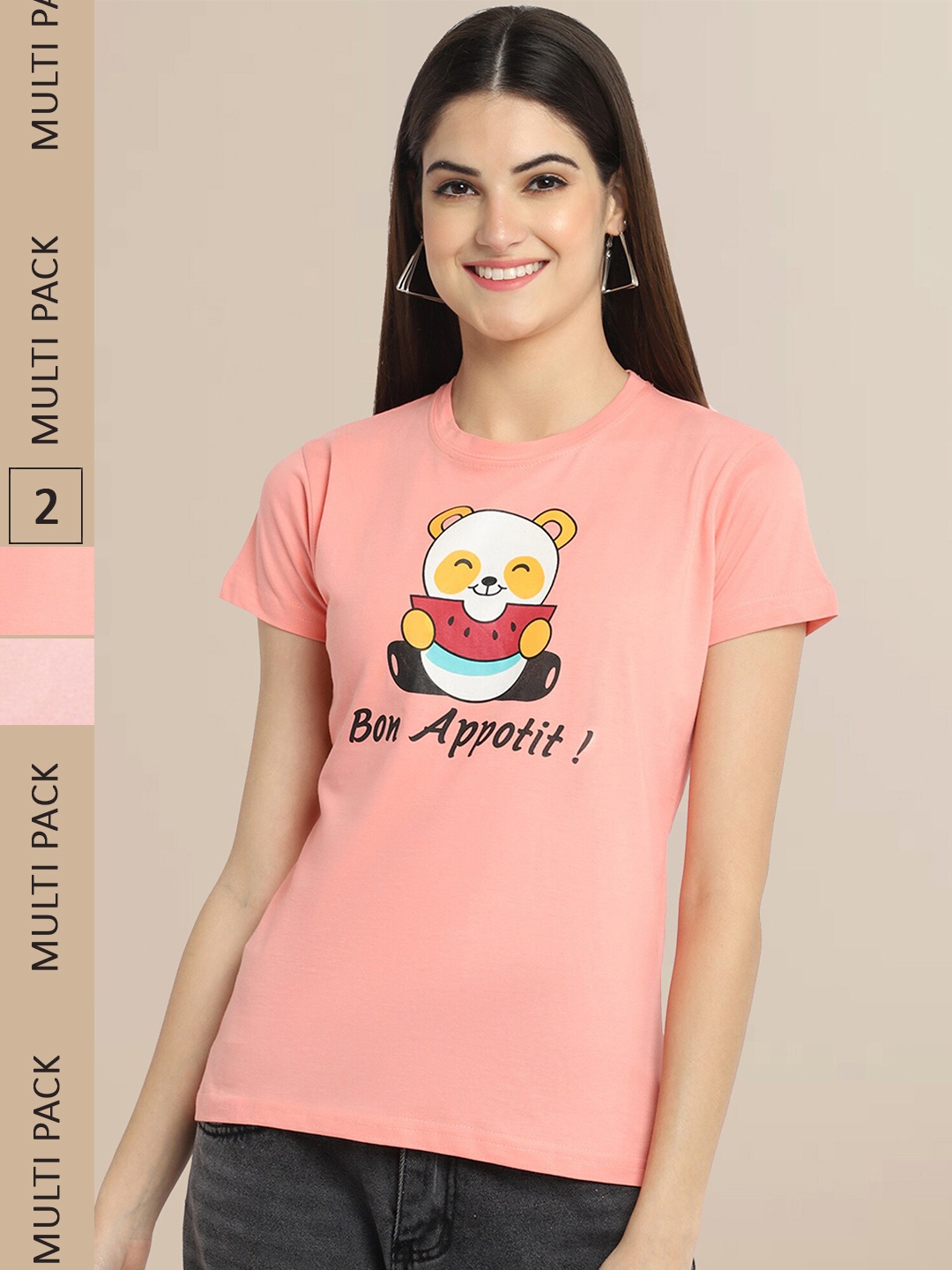 

Fabflee Women Coral & Peach-Coloured Pack Of 2 Printed Cotton T-shirts