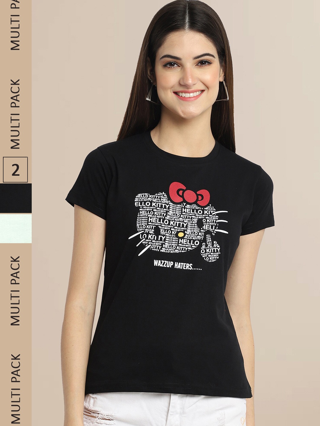 

Fabflee Women Black & Sea Green Pack Of 2 Typography Printed Cotton T-shirts