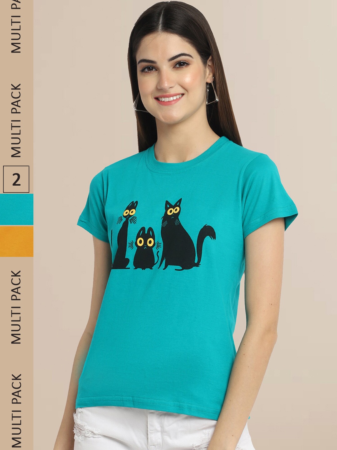 

Fabflee Women Teal & Mustard Yellow Pack Of 2 Printed Cotton T-shirts