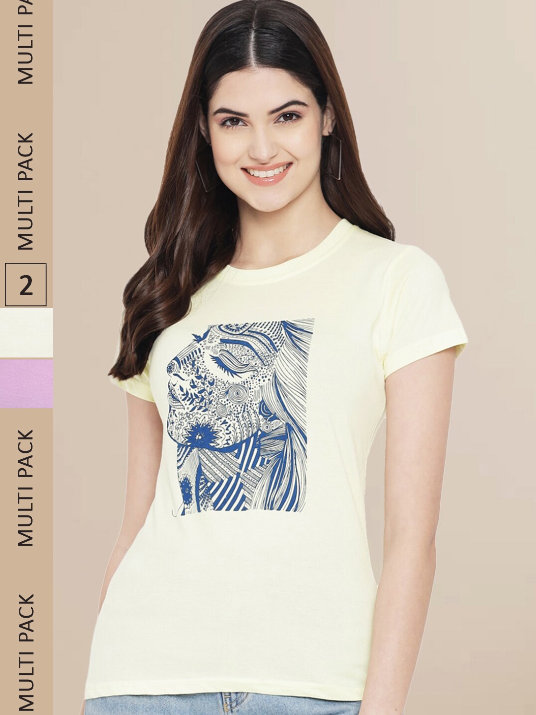 

Fabflee Women Cream & Lavender Pack Of 2 Printed Cotton T-shirts
