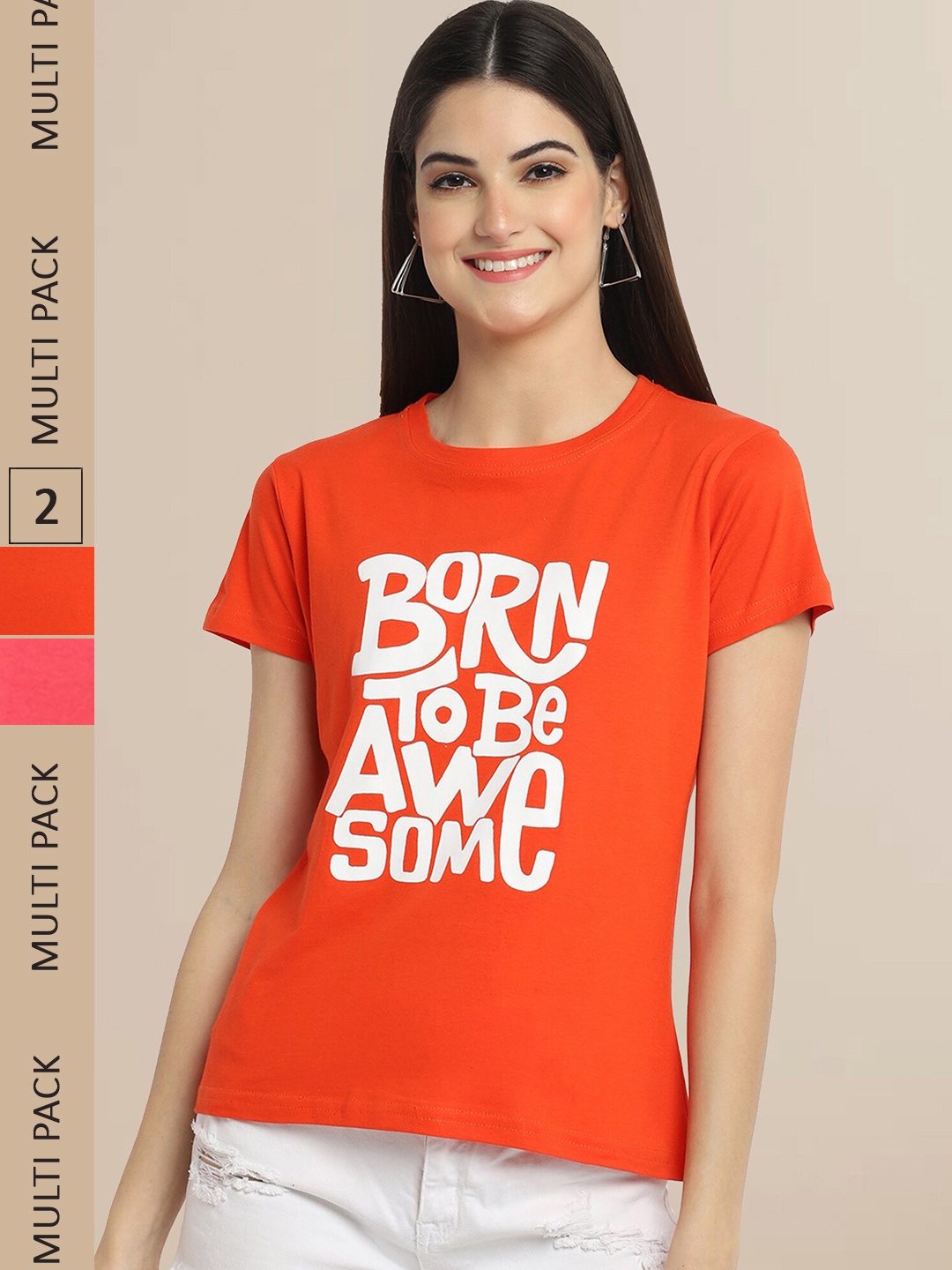 

Fabflee Women Orange & Coral Pack Of 2 Printed Cotton T-shirt
