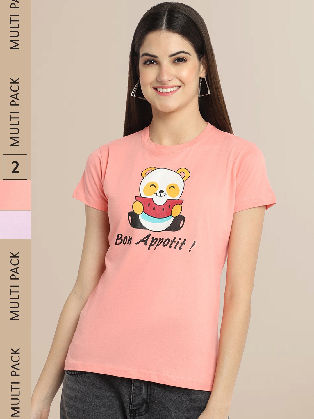 

Fabflee Women Pink & Peach Pack Of 2 Regular Sleeves Cotton T-shirt