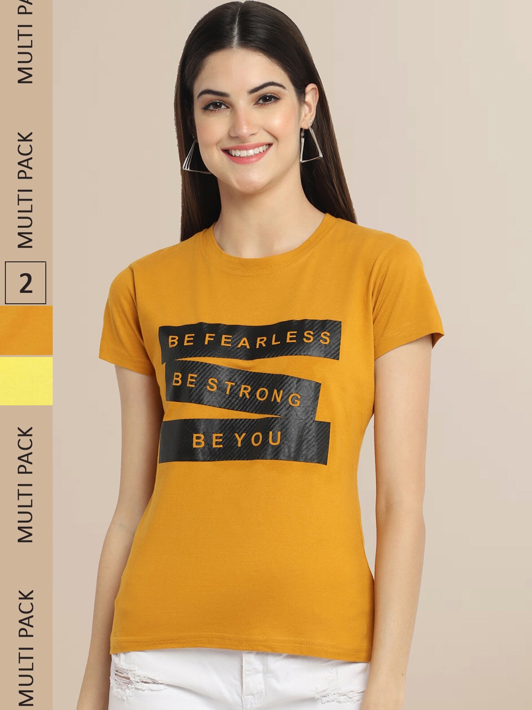 

Fabflee Women Mustard Yellow & Yellow 2 Printed T-shirt